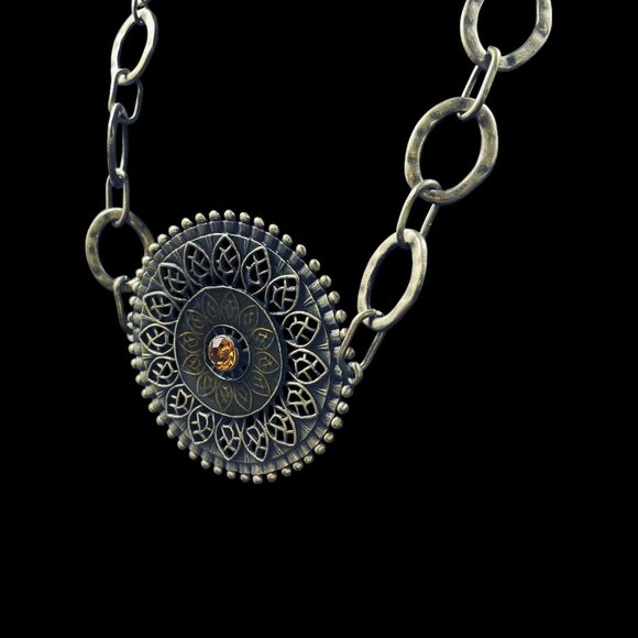 Statement Medallion Necklace Boho Vintage Brass Tone Amber Glass Pendant 19" - Picture 5 of 7